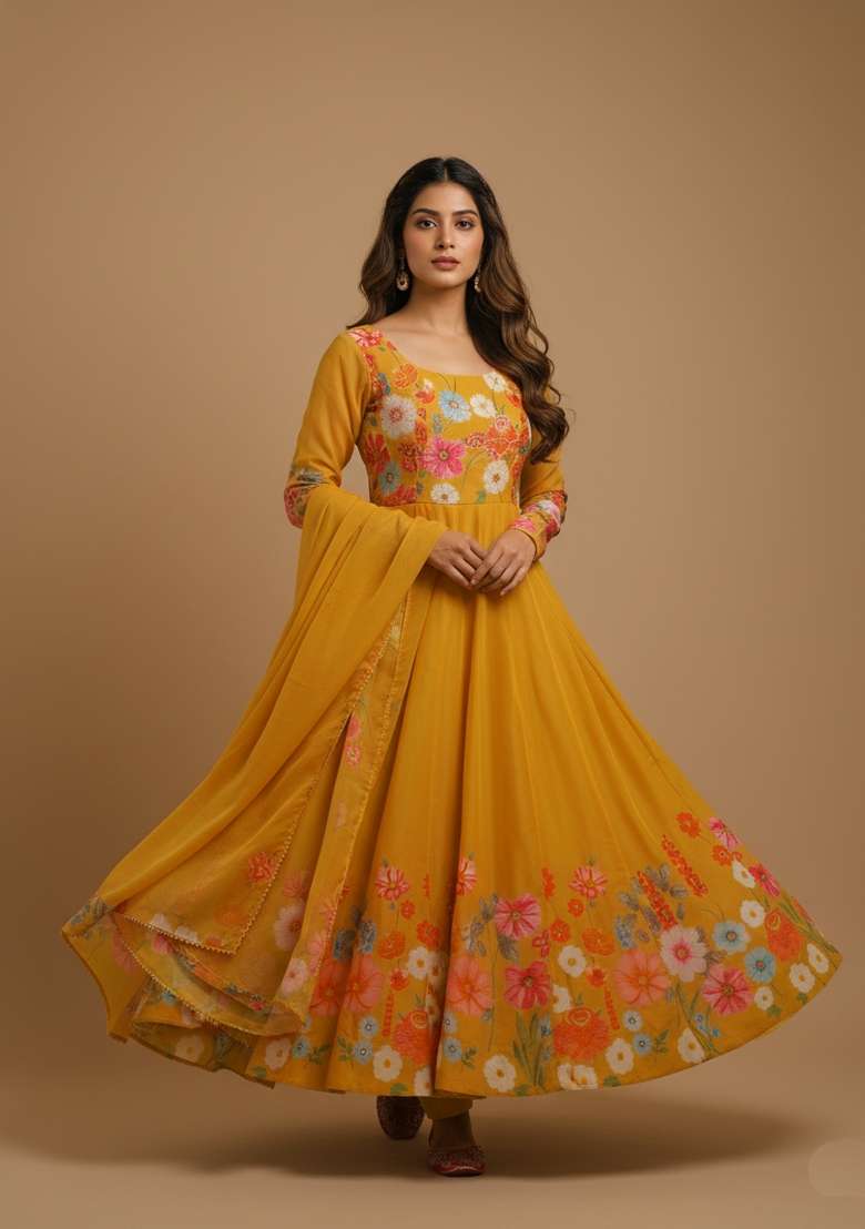 Mustard Printed Silk Blend Kurta Set - Indya