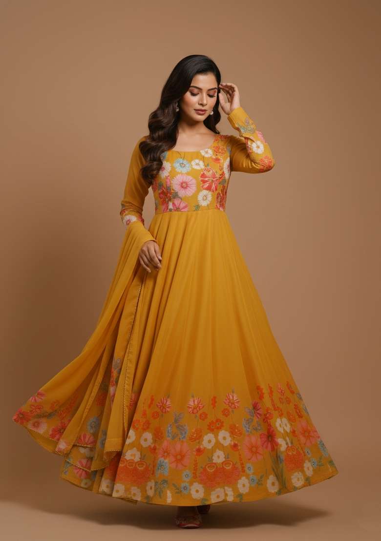 Mustard Printed Silk Blend Kurta Set - Indya