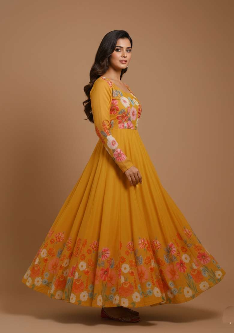 Mustard Printed Silk Blend Kurta Set - Indya