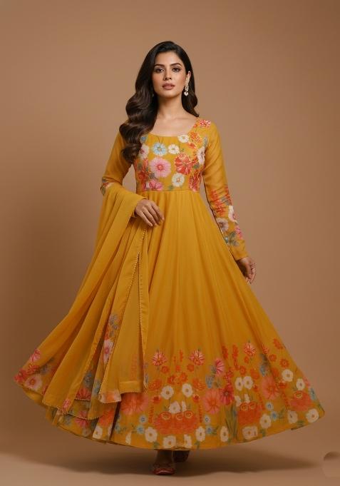 Mustard Printed Silk Kurta Set
