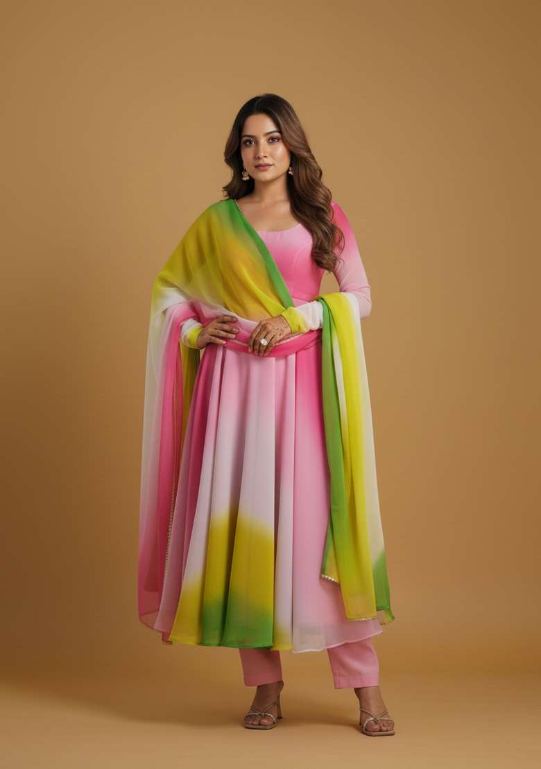 Multicolor Colorful Tye Dye Georgette Kurta Set - Indya