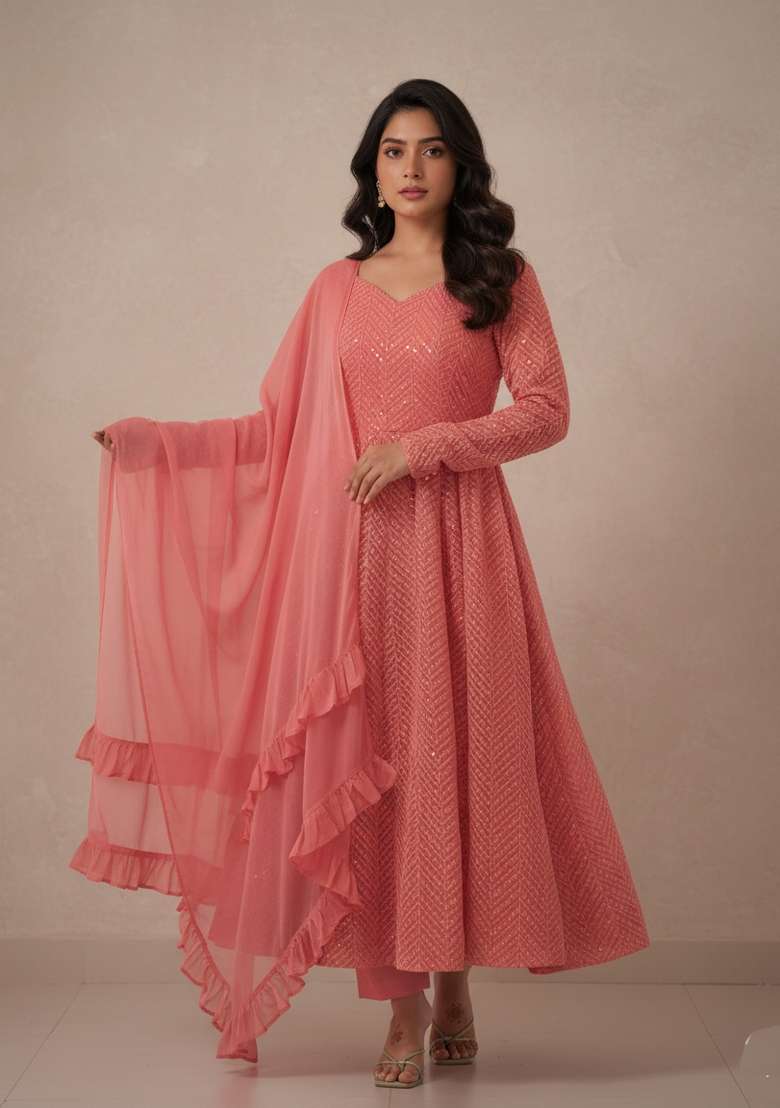 Peach Sequins Georgette Kurta Set - Indya