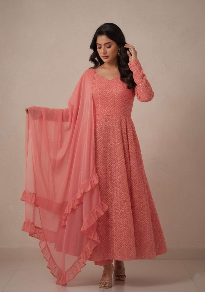 Peach Sequins Georgette Kurta Set - Indya