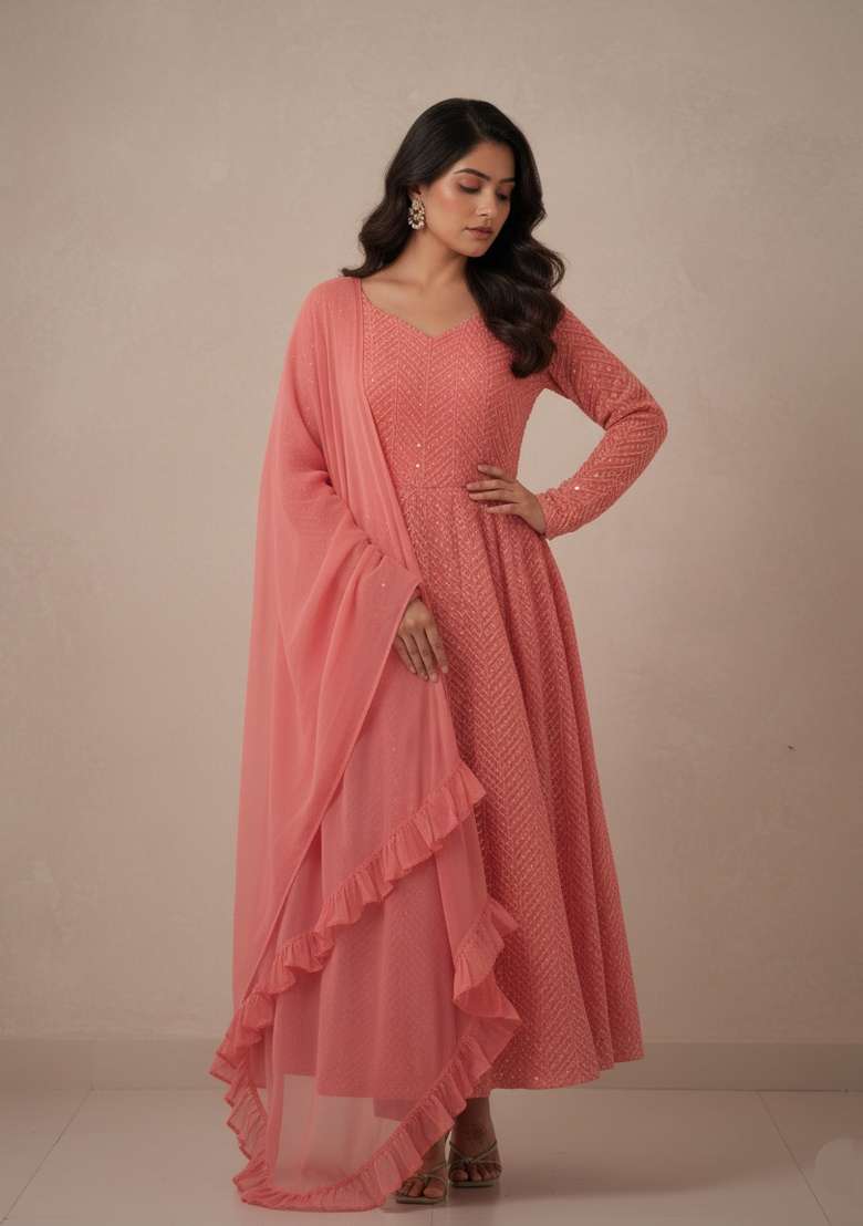 Peach Sequins Georgette Kurta Set - Indya