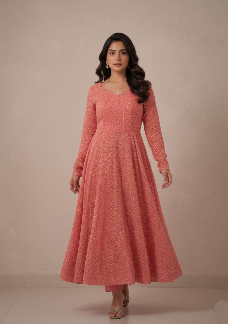 Peach Sequins Georgette Kurta Set - Indya