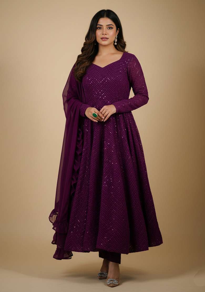 Wine Sequins Georgette Kurta Set - Indya