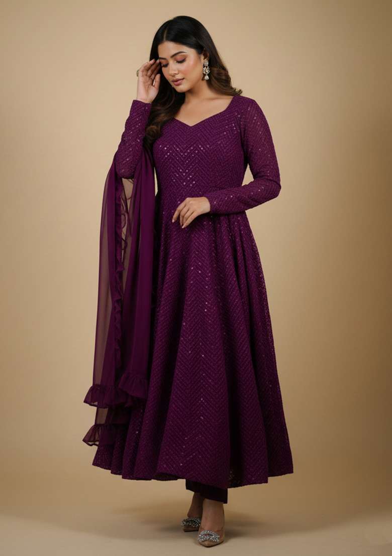 Wine Sequins Georgette Kurta Set - Indya