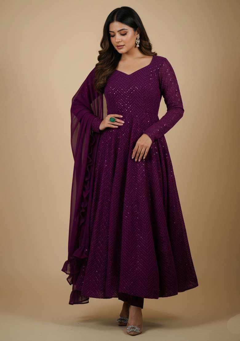 Wine Sequins Georgette Kurta Set - Indya