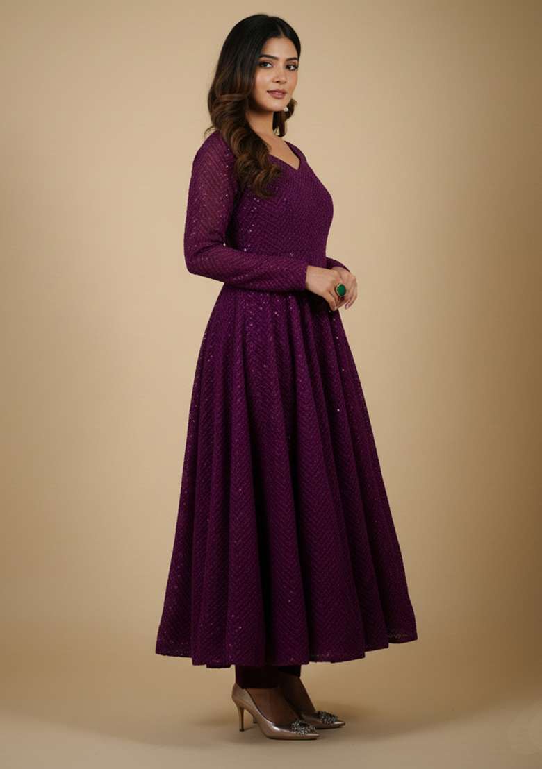 Wine Sequins Georgette Kurta Set - Indya