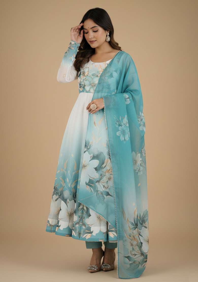 Multicolor Printed Silk Blend Kurta Set - Indya