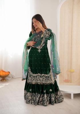Green Embroidered Velvet Kurta Set