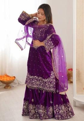 Purple Embroidered Velvet Kurta Set