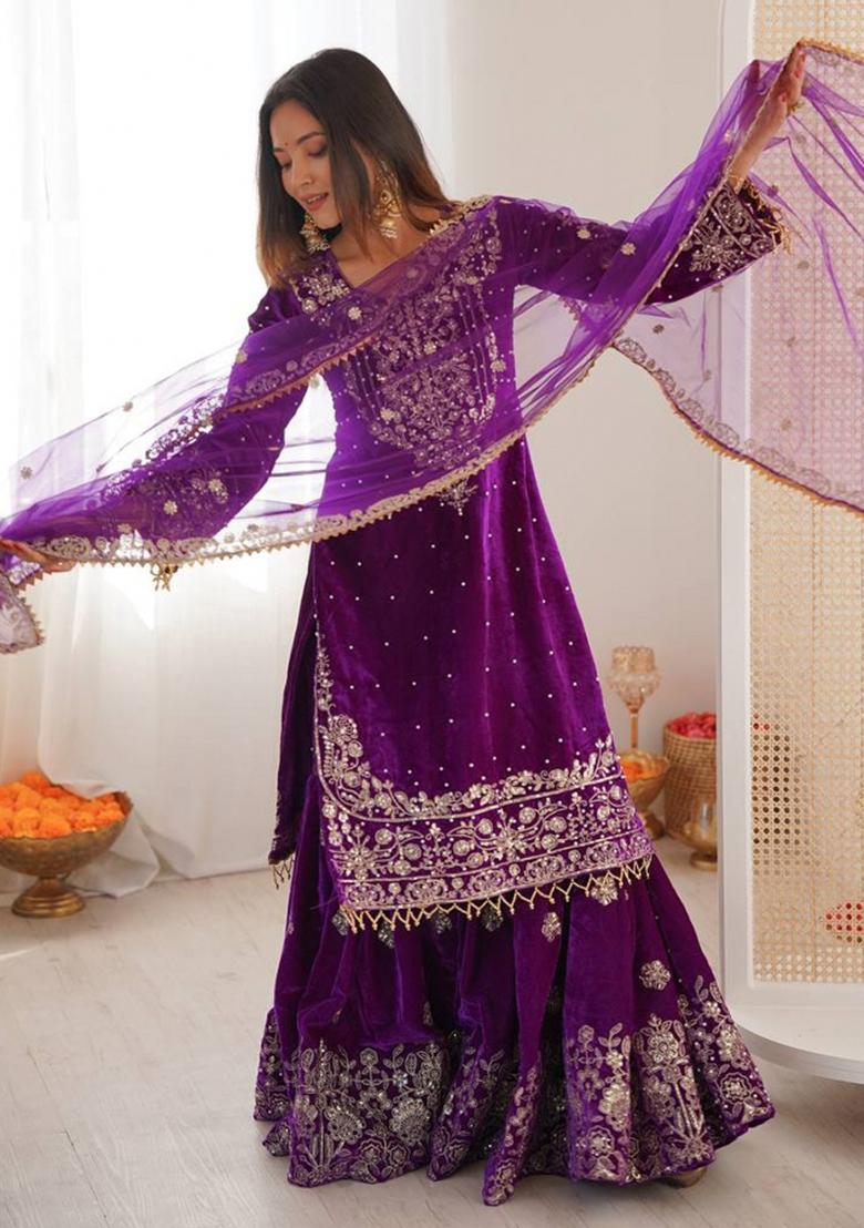 Purple Embroidered Velvet Kurta Set - Indya