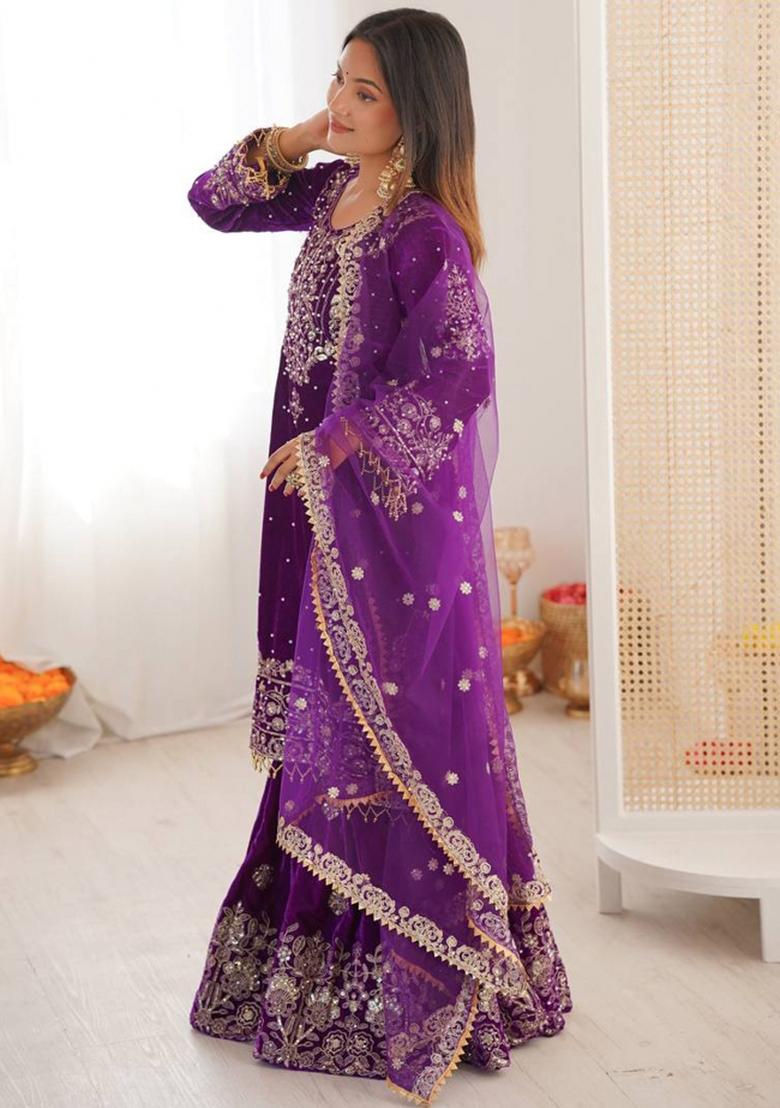Purple Embroidered Velvet Kurta Set - Indya