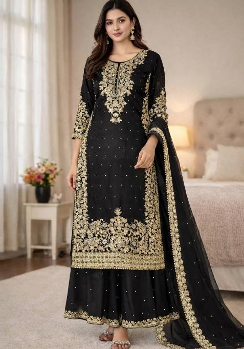 Black Embroidered Silk Kurta Set