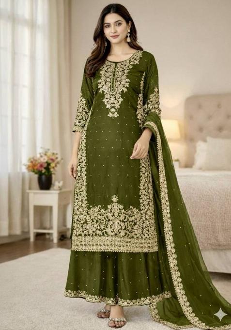Mehendi Green Embroidered Silk Kurta Set