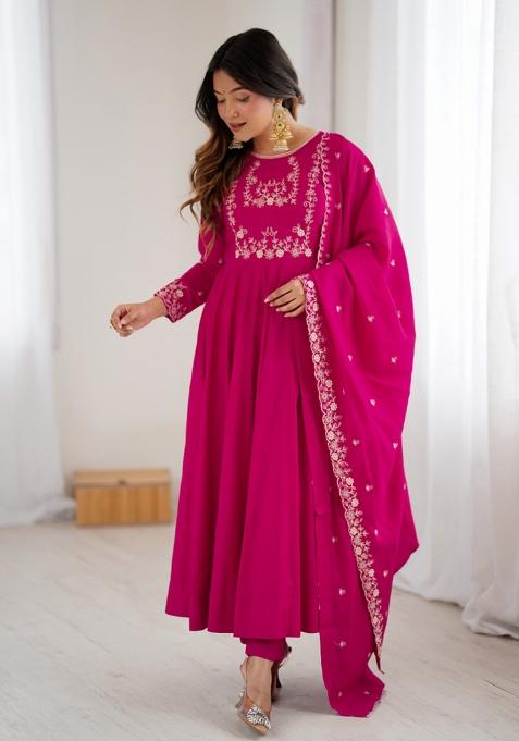 Rani Pink Embroidered Silk Kurta Set