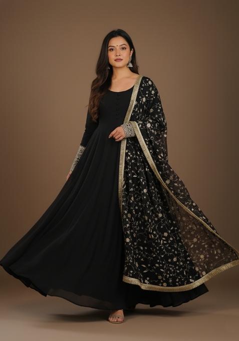 Black Embroidered Georgette Kurta Set