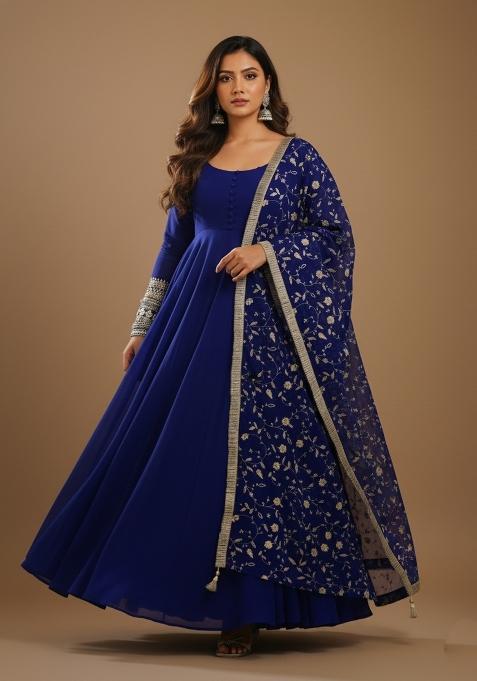 Navy Blue Embroidered Georgette Kurta Set