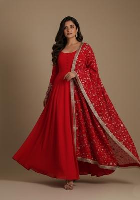 Red Embroidered Georgette Kurta Set