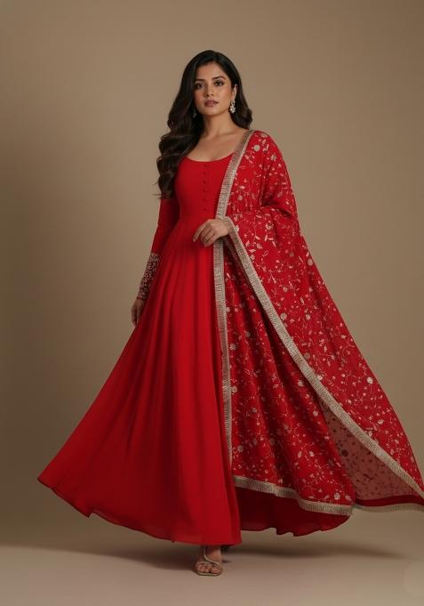 Red Embroidered Georgette Kurta Set
