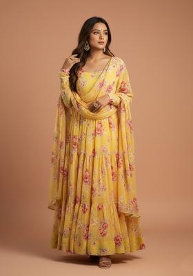Yellow Printed Georgette Kurta Set