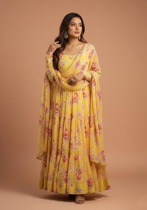 Yellow Printed Georgette Kurta Set