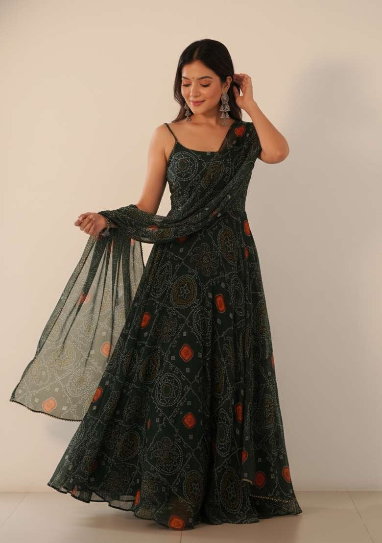 Green Printed Chiffon Kurta Set - Indya