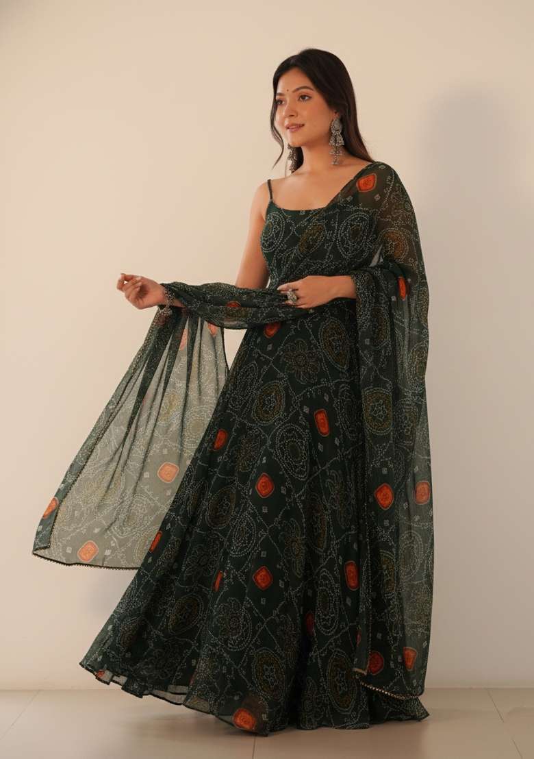 Green Printed Chiffon Kurta Set - Indya