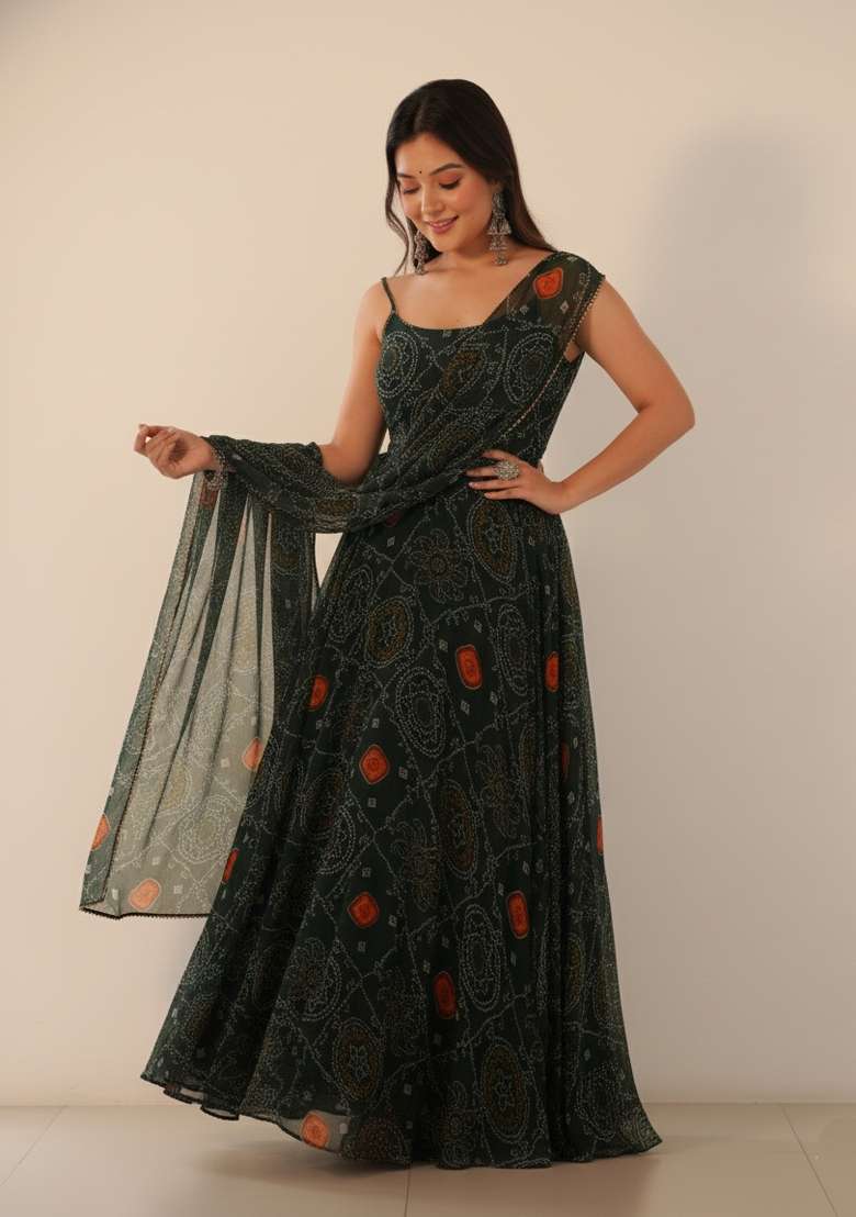 Green Printed Chiffon Kurta Set - Indya