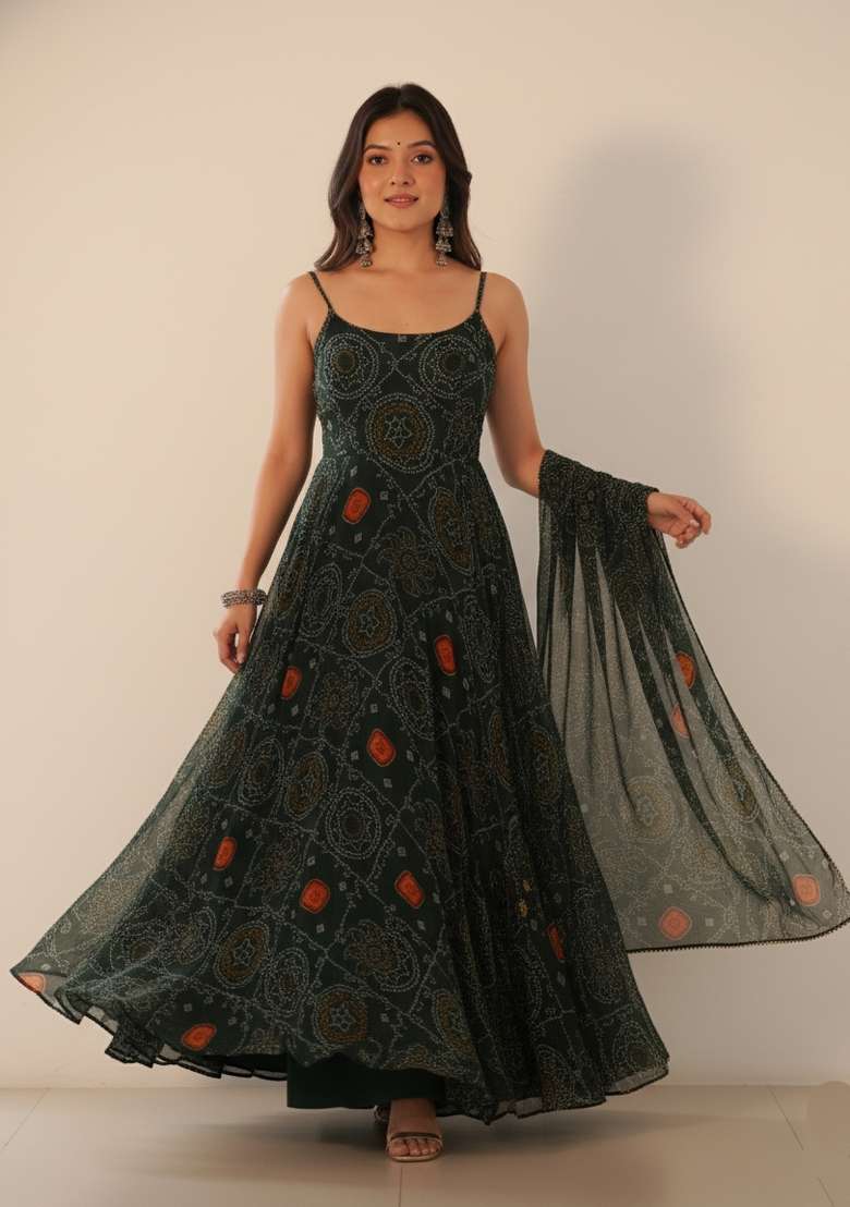Green Printed Chiffon Kurta Set - Indya