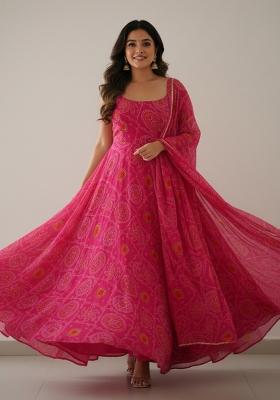 Pink Printed Chiffon Kurta Set