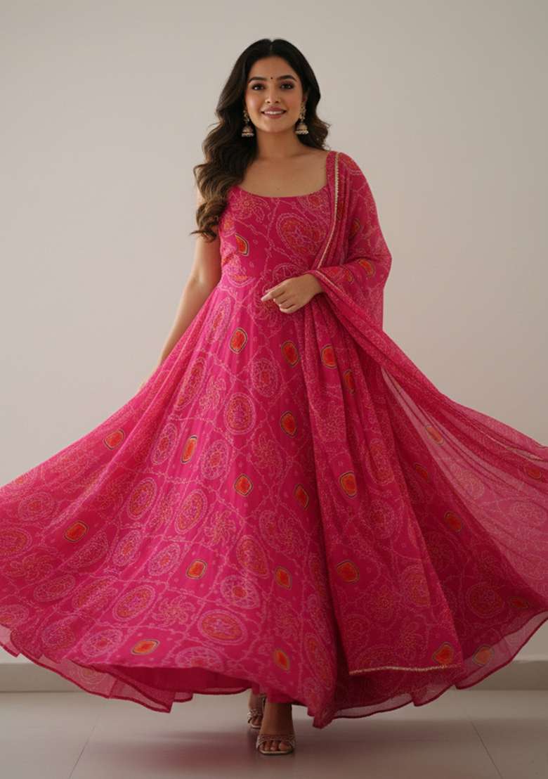 Pink Printed Chiffon Kurta Set - Indya