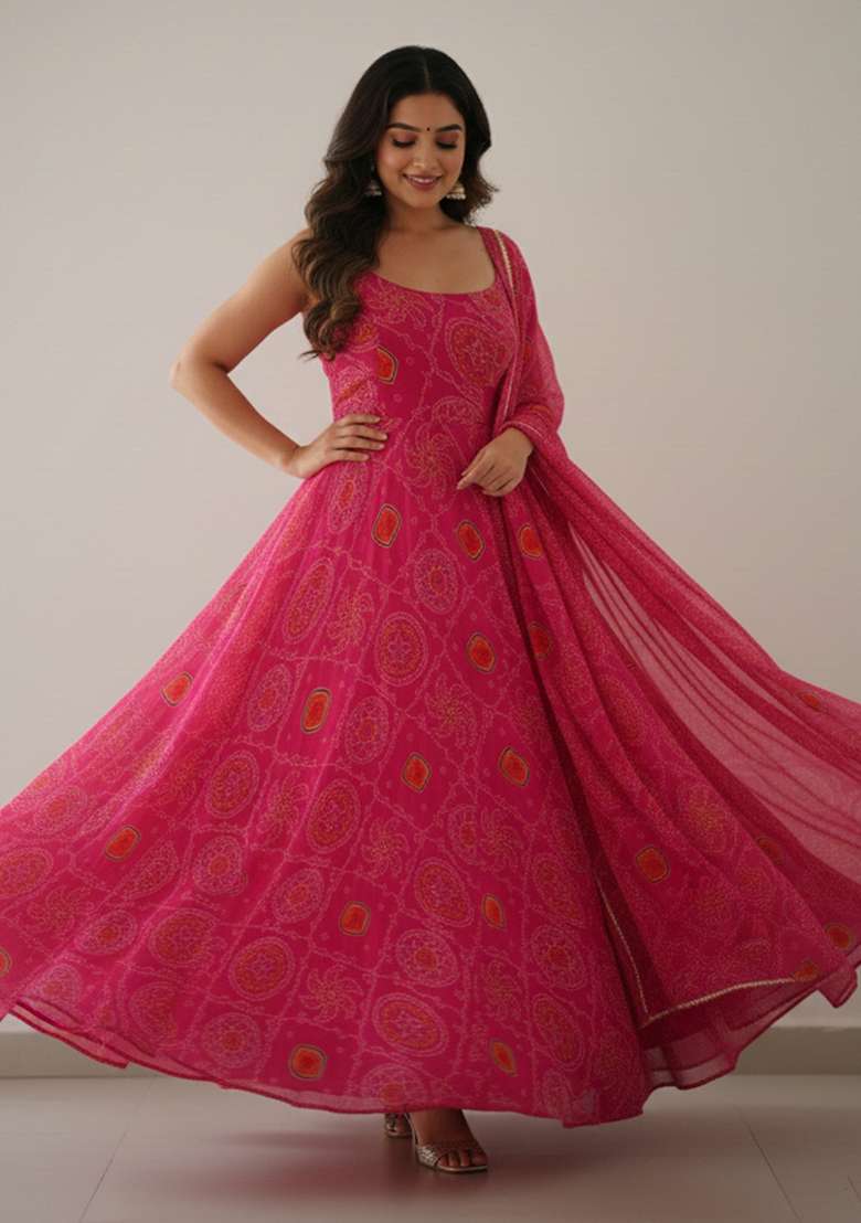 Pink Printed Chiffon Kurta Set - Indya