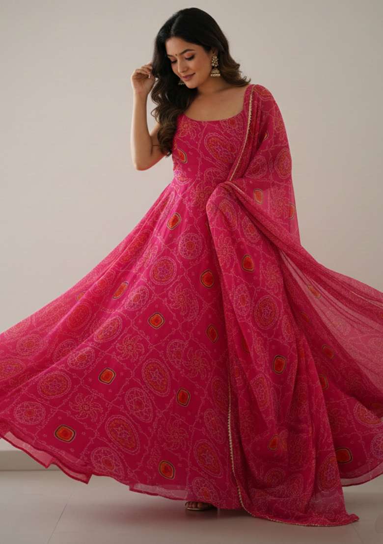 Pink Printed Chiffon Kurta Set - Indya