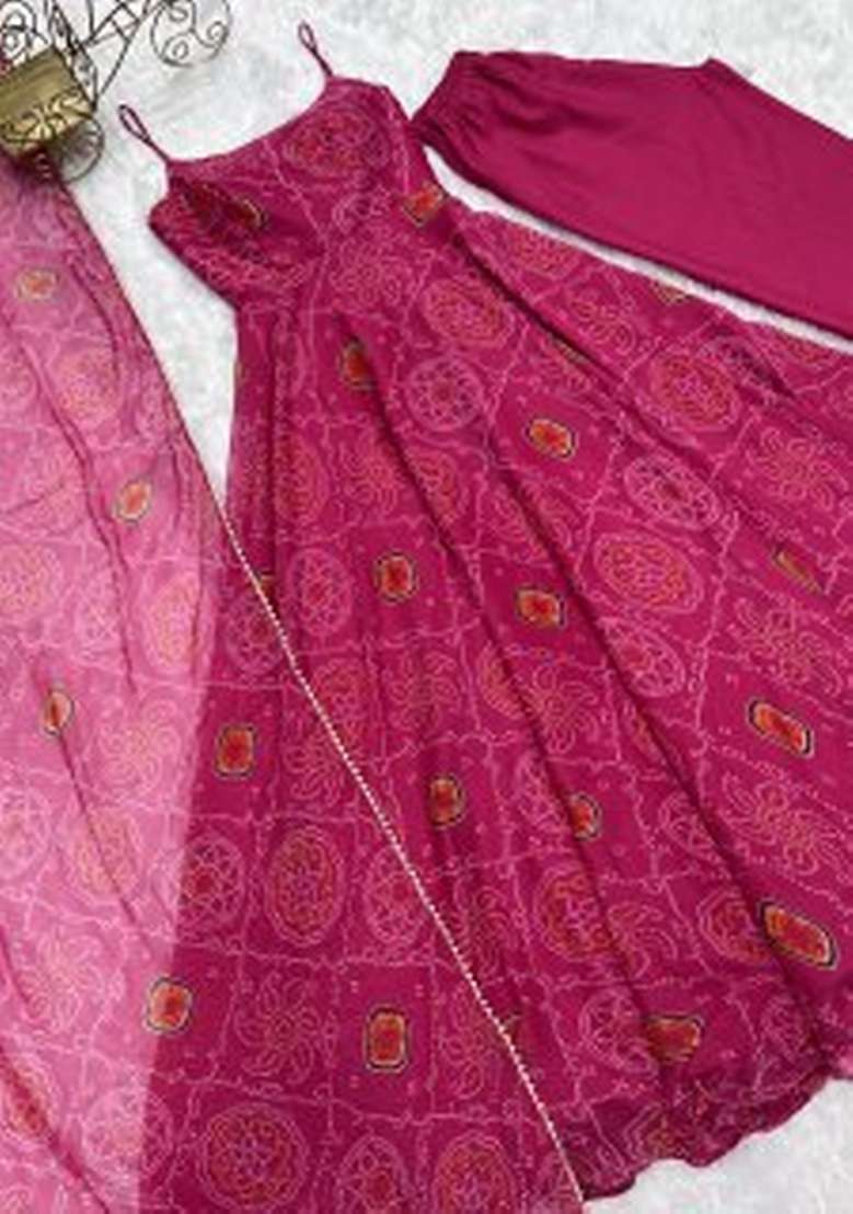Pink Printed Chiffon Kurta Set - Indya