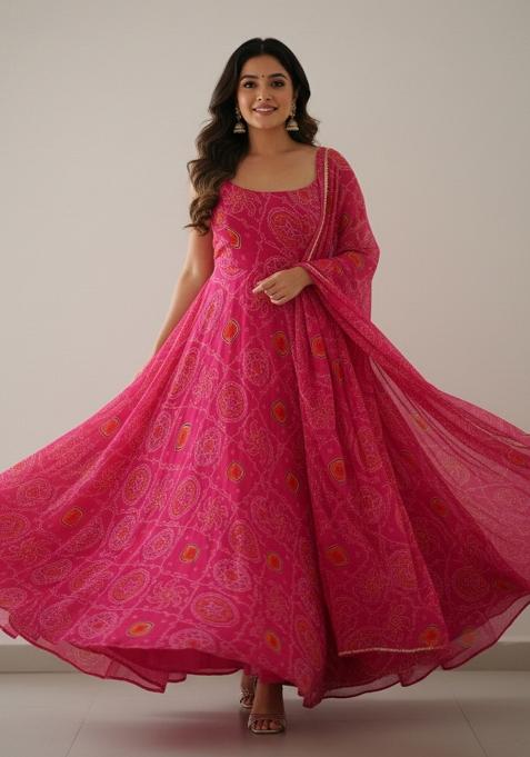 Pink Printed Chiffon Kurta Set