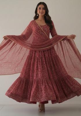 Maroon Brown Kalamkari Pirnted Georgette Kurta Set