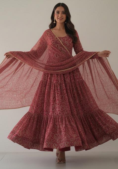 Maroon Brown Kalamkari Pirnted Georgette Kurta Set