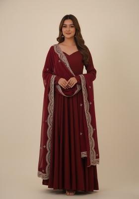 Maroon Embroidered Silk Kurta Set