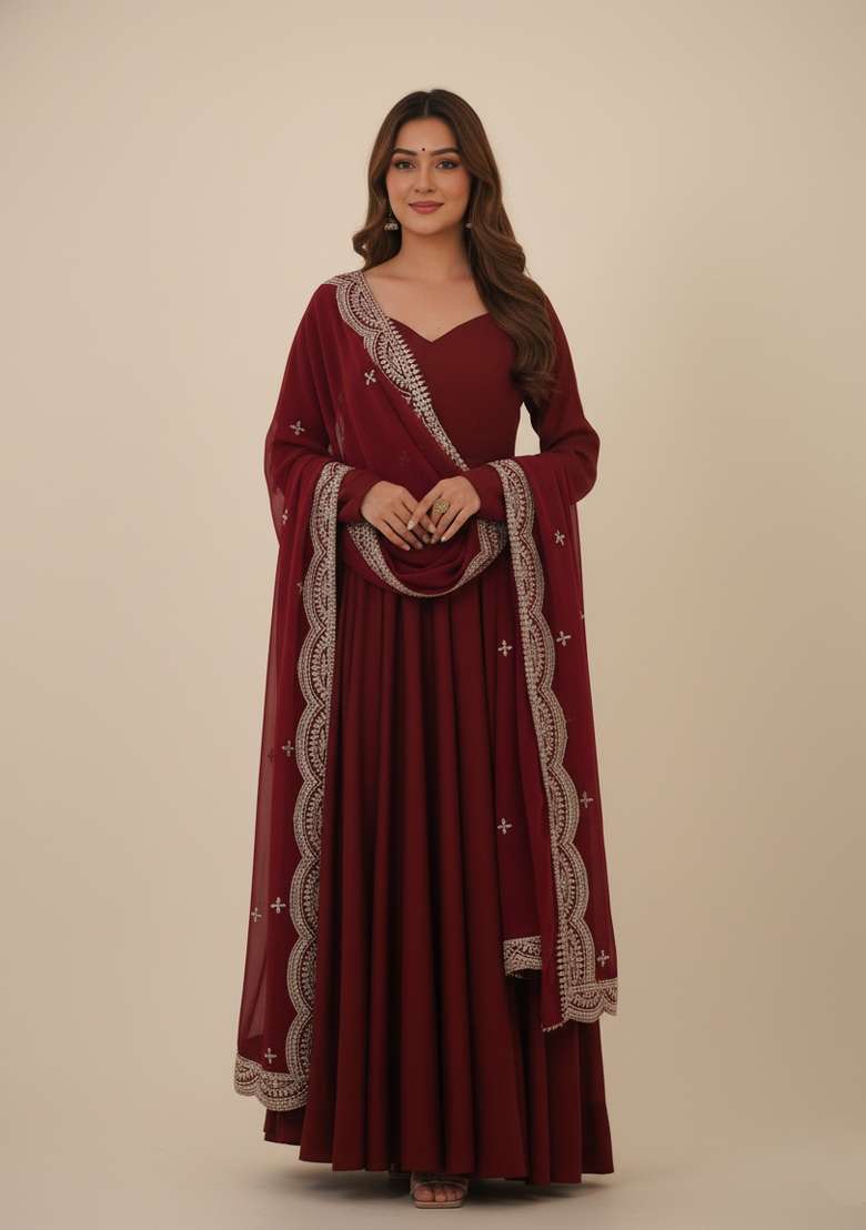Maroon Embroidered Silk Blend Kurta Set - Indya