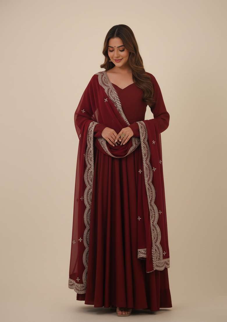 Maroon Embroidered Silk Blend Kurta Set - Indya
