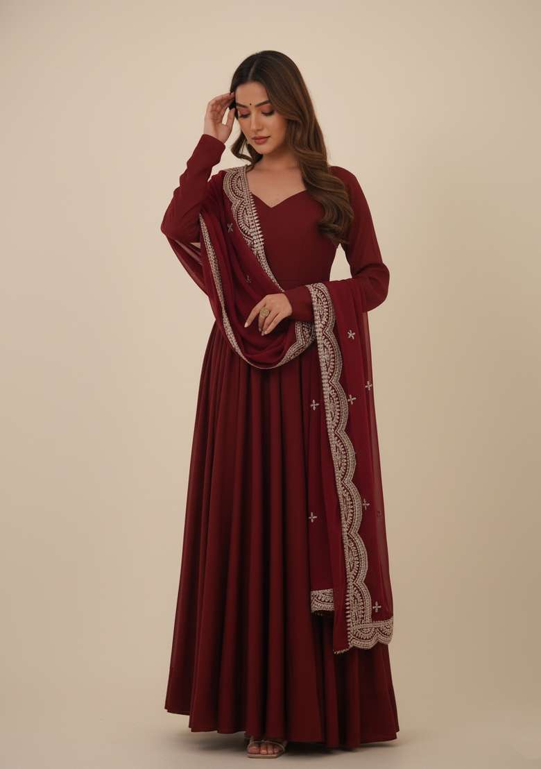 Maroon Embroidered Silk Blend Kurta Set - Indya