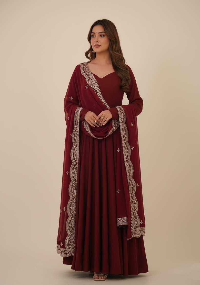 Maroon Embroidered Silk Blend Kurta Set - Indya