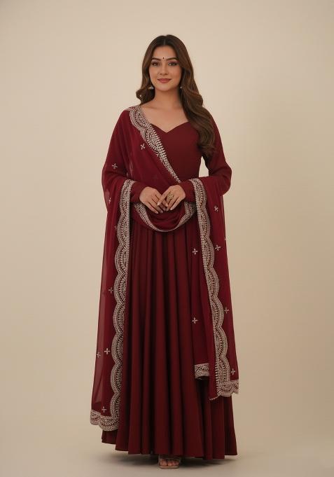 Maroon Embroidered Silk Kurta Set