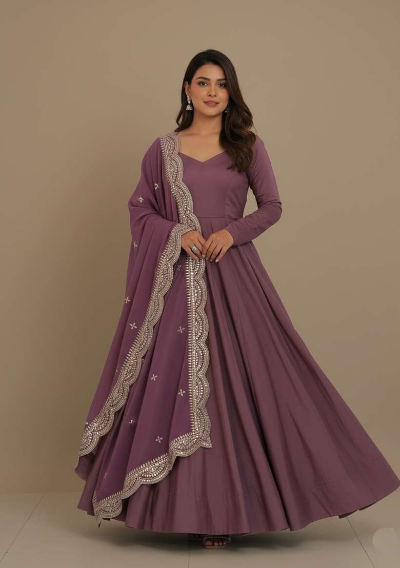 Mauve Embroidered Silk Blend Kurta Set - Indya