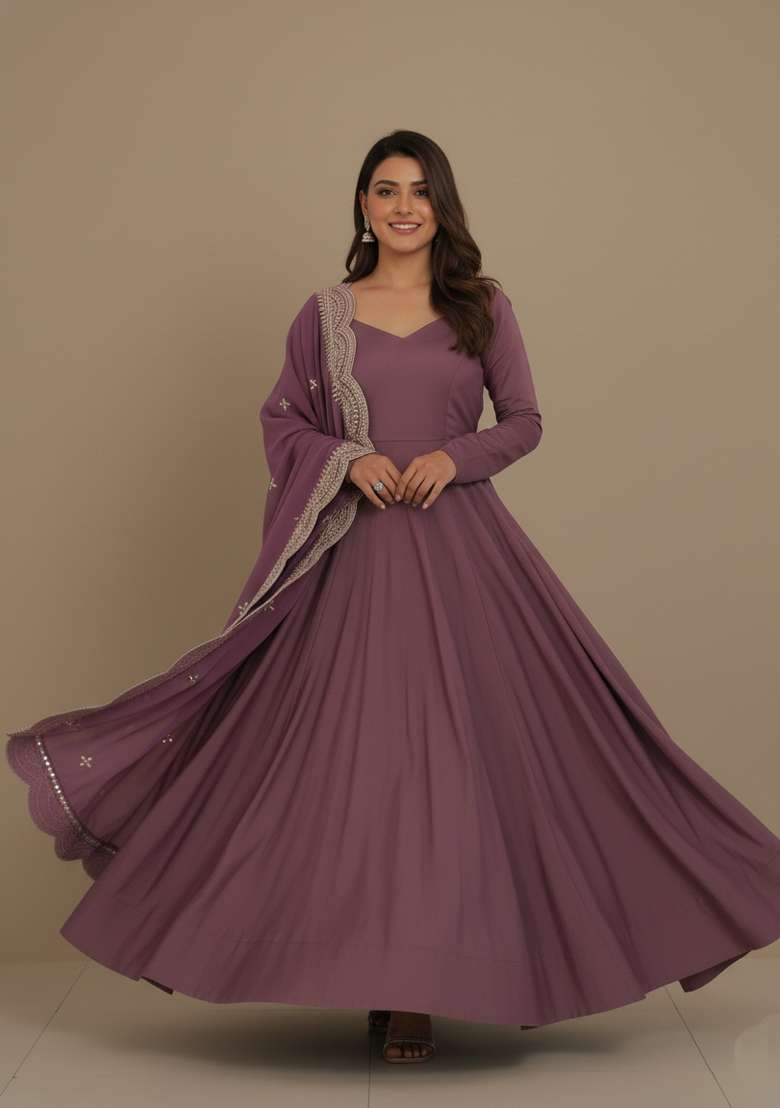 Mauve Embroidered Silk Blend Kurta Set - Indya
