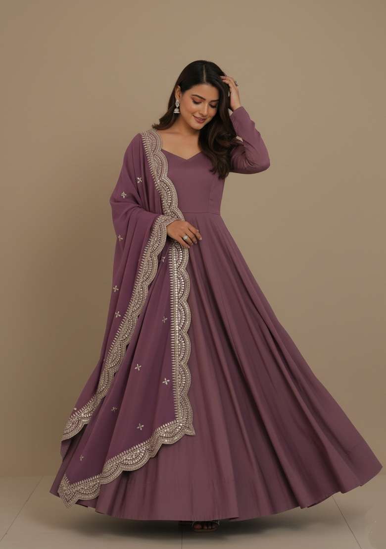 Mauve Embroidered Silk Blend Kurta Set - Indya