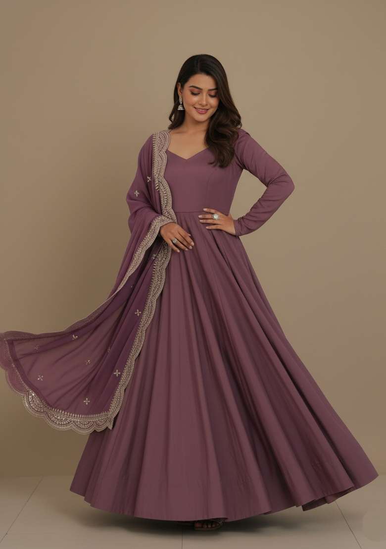 Mauve Embroidered Silk Blend Kurta Set - Indya