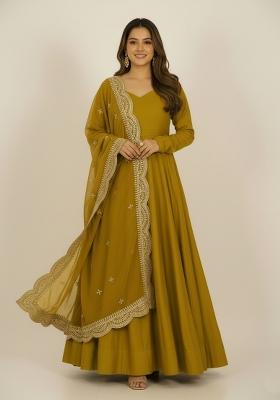 Mustard Embroidered Silk Kurta Set